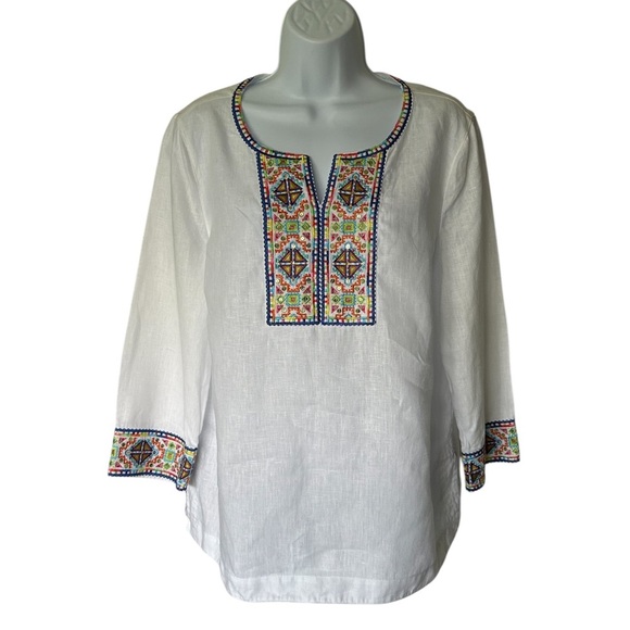 John Mark Linen Tunic White With Multicolor Embroidered Excellent Size S - Picture 2 of 13